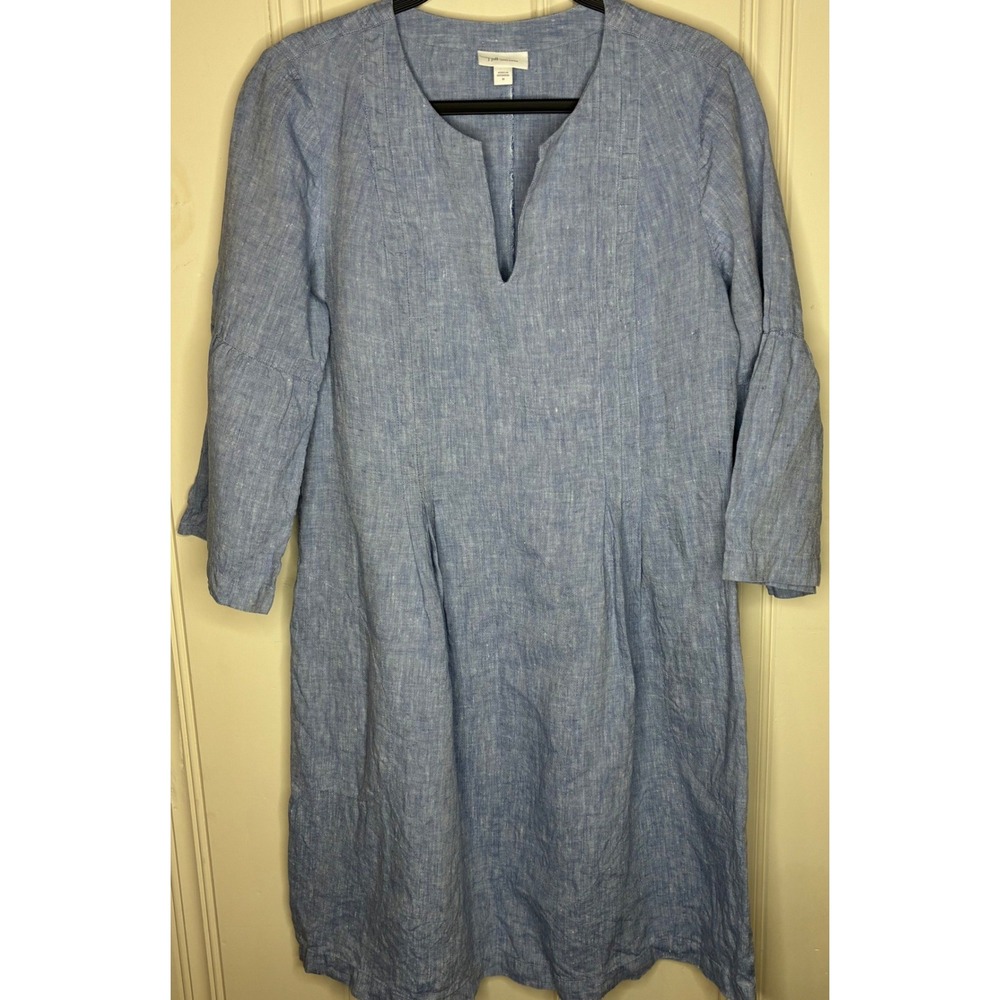 J Jill Love Linen Shift Dress Blue Chambray Pleated Bell Sleeve M Minimalist
